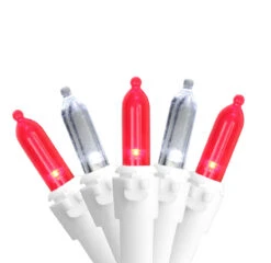 Set Of 50 Red & Pure White LED Mini Christmas Lights 4" Spacing - White Wire