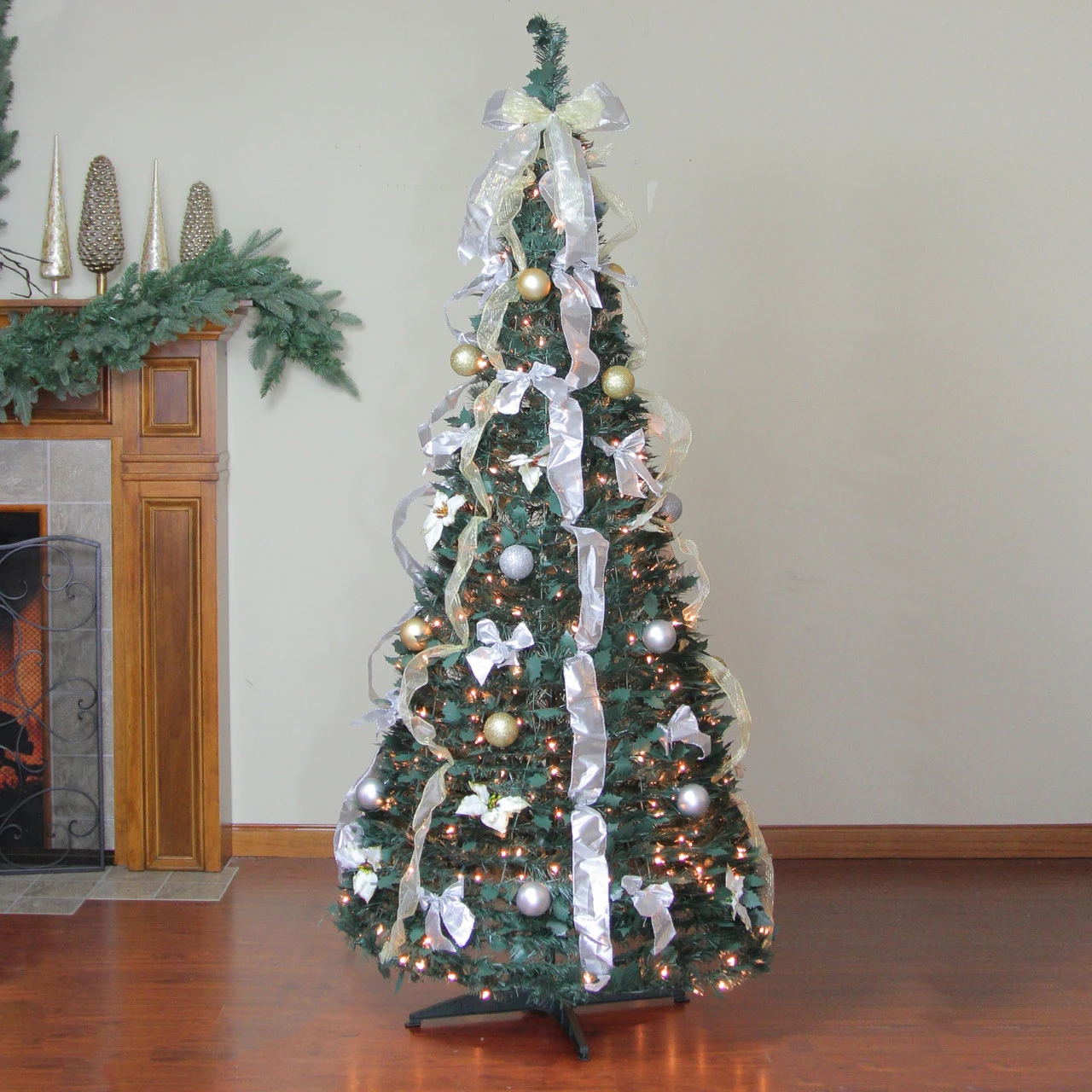 6' Pre-Lit Silver And Gold Pre-Decorated Pop-Up Artificial Christmas Tree, Clear Lights 3 6' Pre-Lit Silver And Gold Pre-Decorated Pop-Up Artificial Christmas Tree, Clear Lights - Image 2