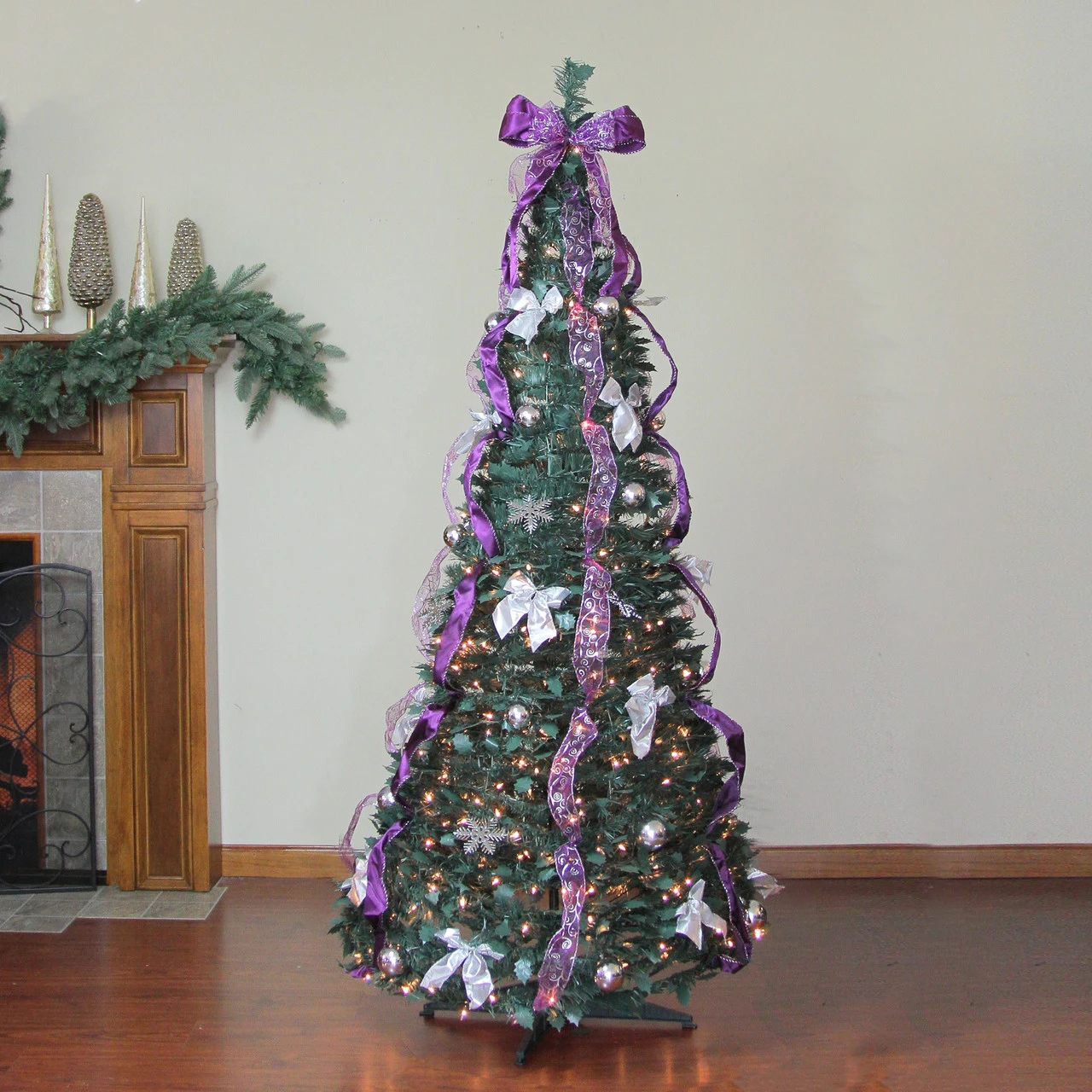6' Pre-Lit Purple And Silver Pre-Decorated Pop-Up Artificial Christmas Tree, Clear Lights 4 6' Pre-Lit Purple And Silver Pre-Decorated Pop-Up Artificial Christmas Tree, Clear Lights - Image 2