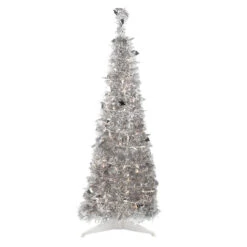 4' Pre-Lit Silver Tinsel Pop-Up Artificial Christmas Tree, Clear Lights