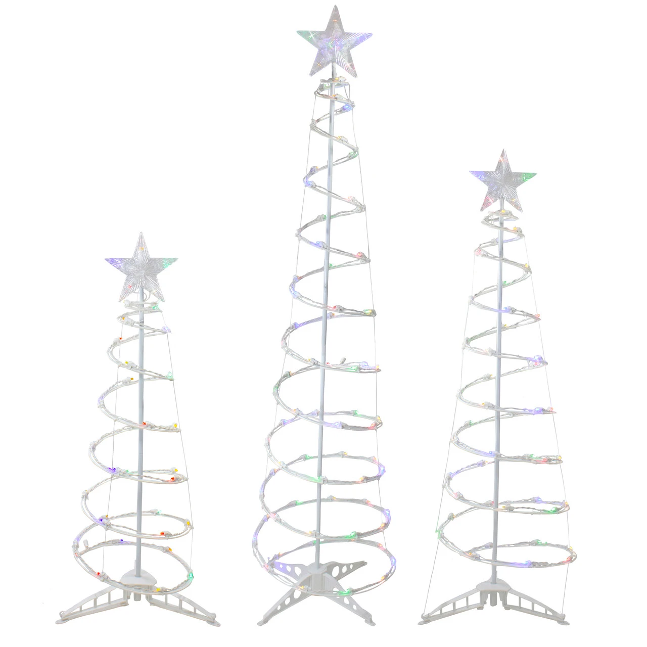 Set Of 3 LED Lighted Multi-Color Outdoor Spiral Christmas Cone Trees 3', 4', And 6' 3 Set Of 3 LED Lighted Multi-Color Outdoor Spiral Christmas Cone Trees 3', 4', And 6'