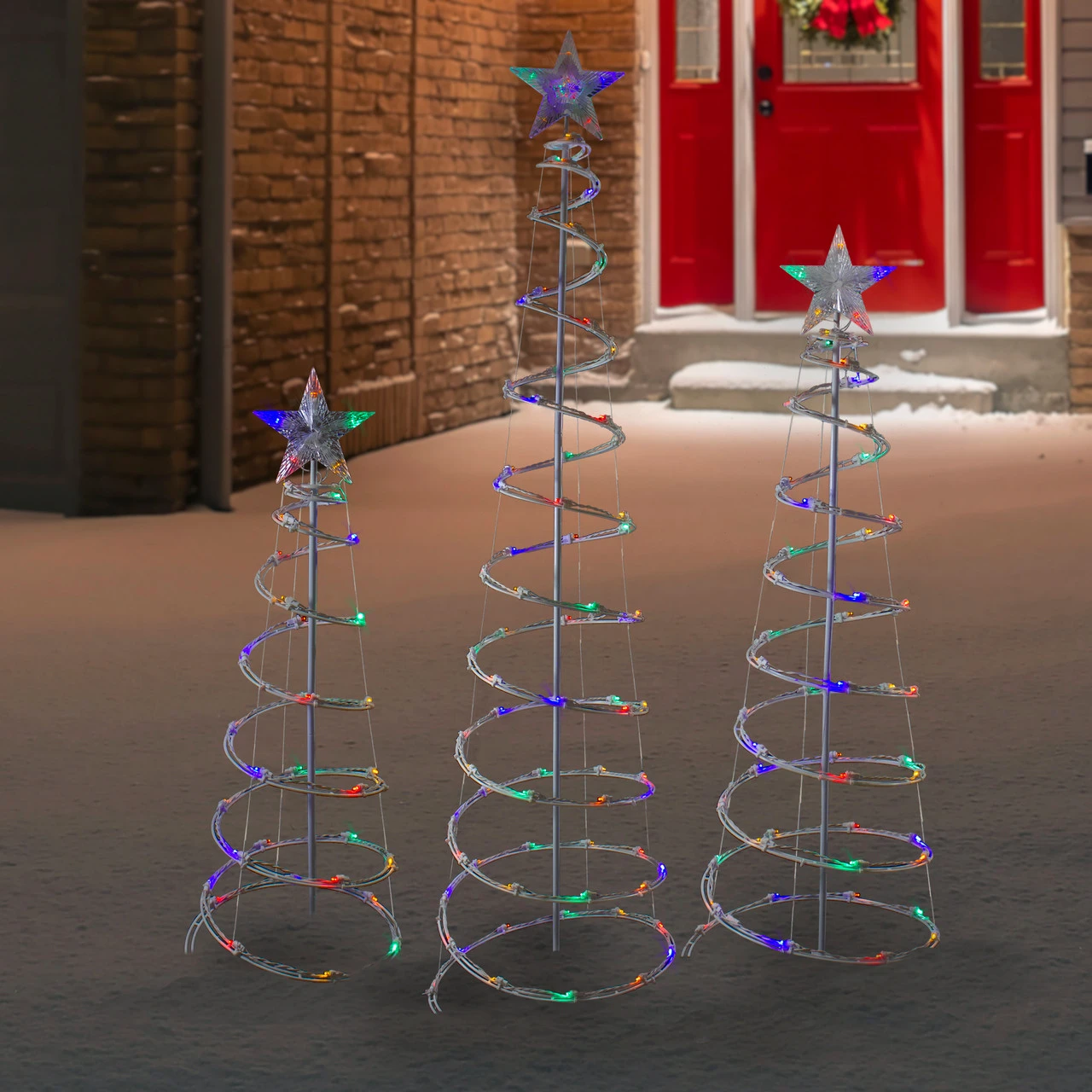 Set Of 3 LED Lighted Multi-Color Outdoor Spiral Christmas Cone Trees 3', 4', And 6' 4 Set Of 3 LED Lighted Multi-Color Outdoor Spiral Christmas Cone Trees 3', 4', And 6' - Image 2